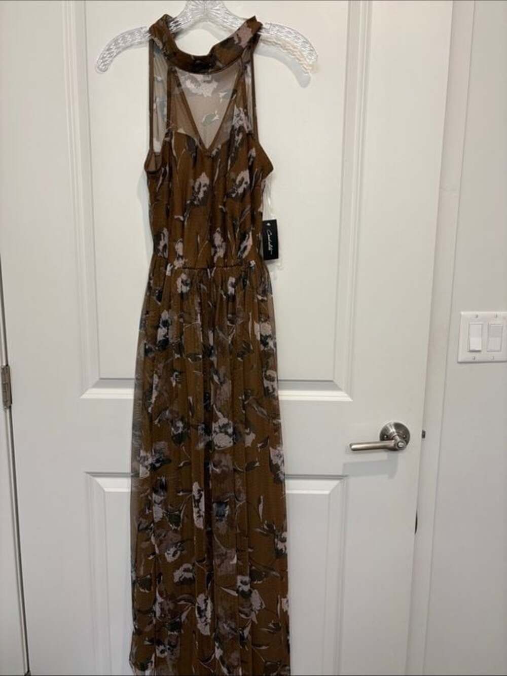Brown Floral Small Maxi Dress with Ruffled Halter Neck